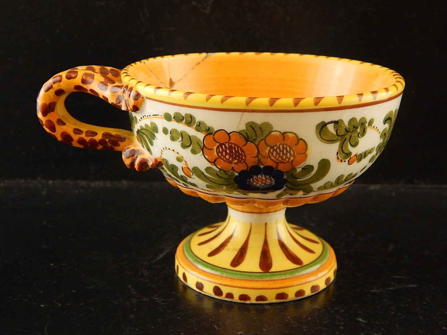 ANTICA TAZZA MAIOLICA CERAMICA POLICROMA FANTECHI ANSA A SERPE PRIMO 900 #8905