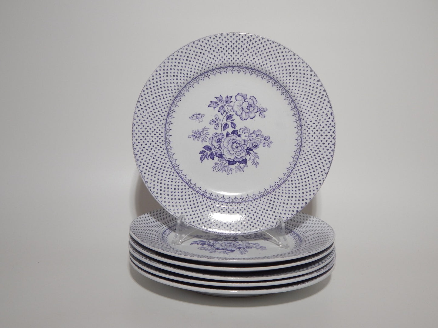 ANTICO SET 6 PIATTI CERAMICA STAFFORDSHIRE PRIMAVESI 1860 ERMINE BORDER VIOLA