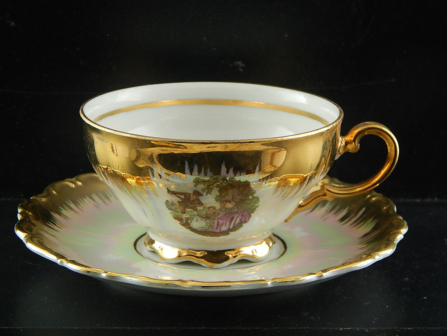 ANTICA TAZZA TE' PORCELLANA ORO BAVARIA SELTMANN THERESIA SCENA GALANTE WATTEAU