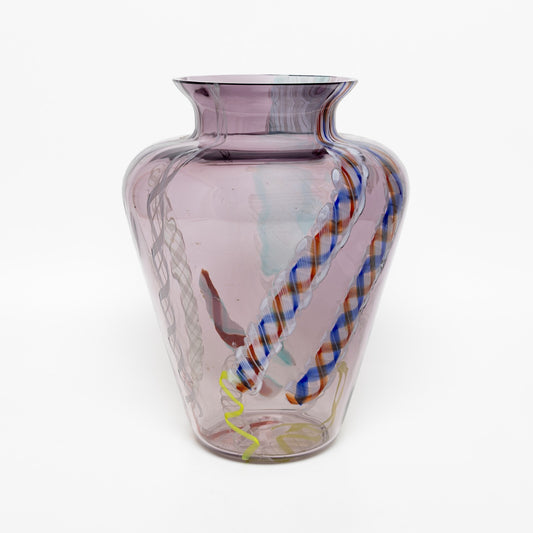 VINTAGE MODERNARIATO VASO VETRO SOFFIATO DECORO MULTICOLOR INCISIONE MURANO