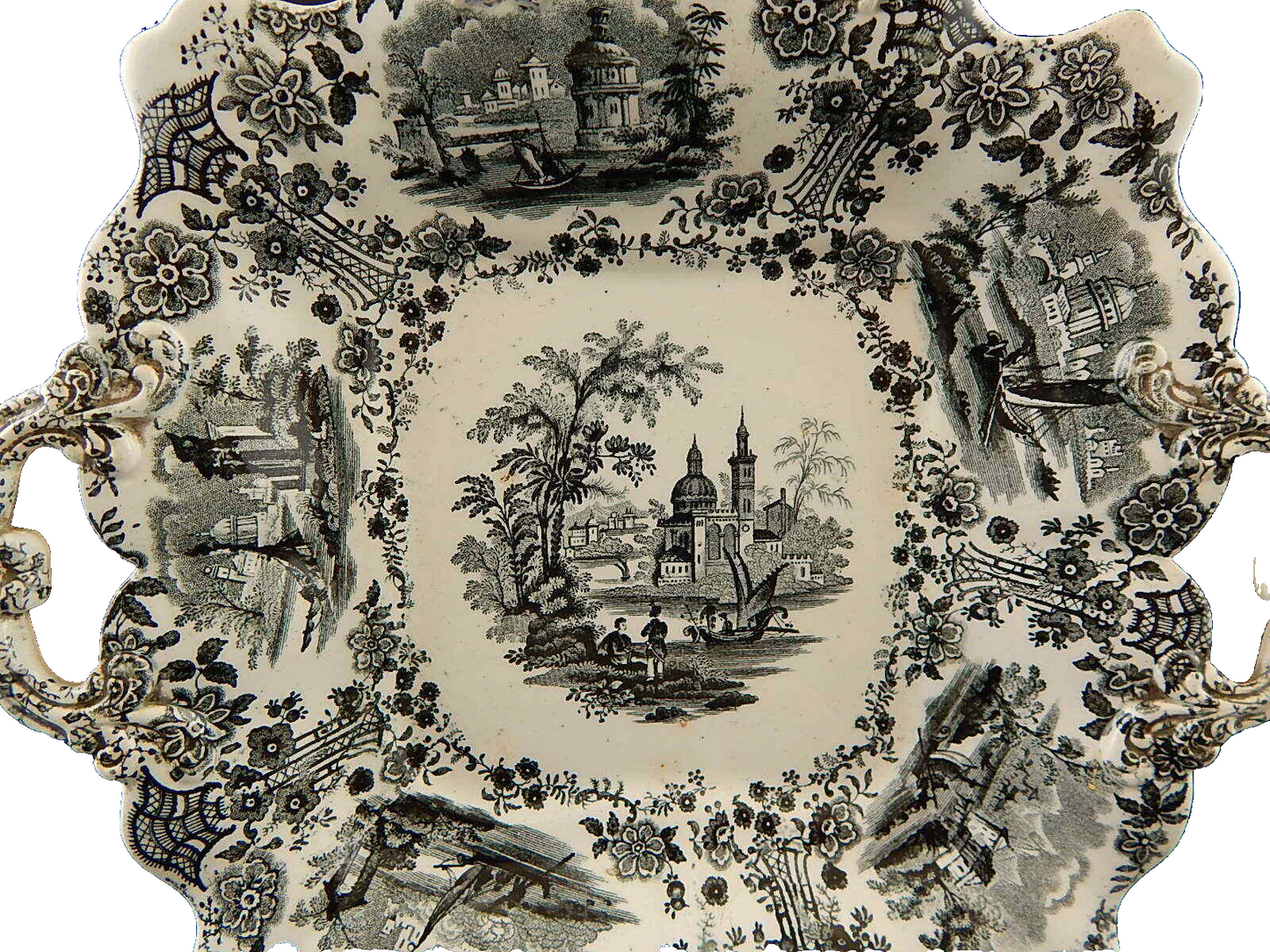 WILLIAM RIDGWAY MAR DI MARMARA 1830 ANTICO PREZIOSO VASSOIO CERAMICA CON MANICI