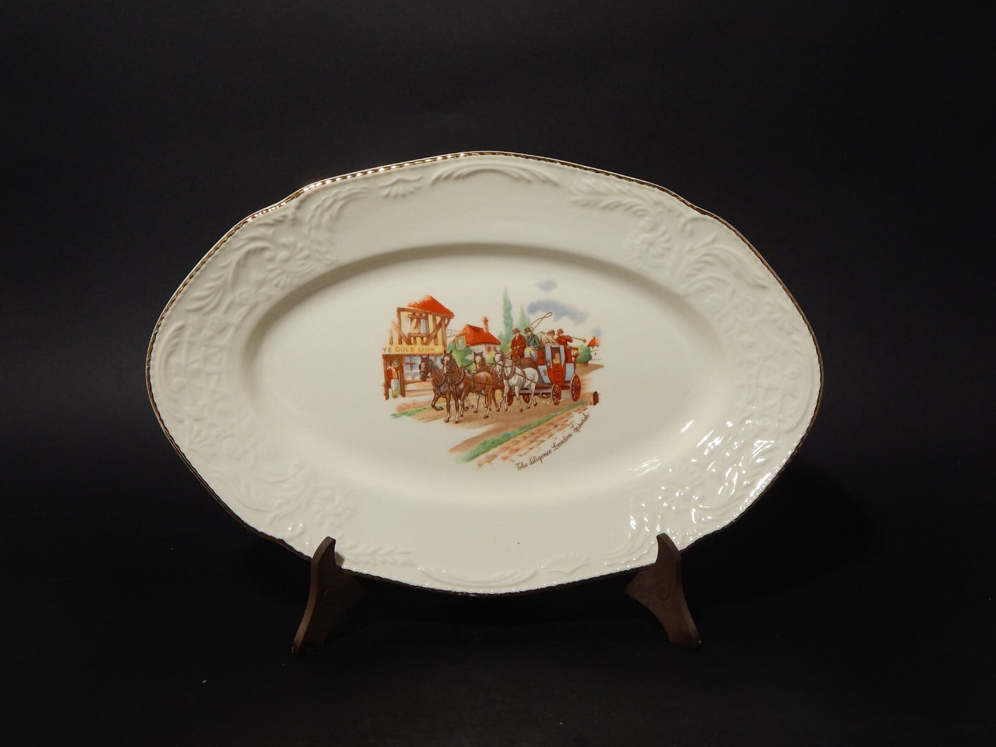 ANTICO VASSOIO OVALE CERAMICA LAVENO SINCE 1856 THE DILIGENCE LONDON IPSWICH