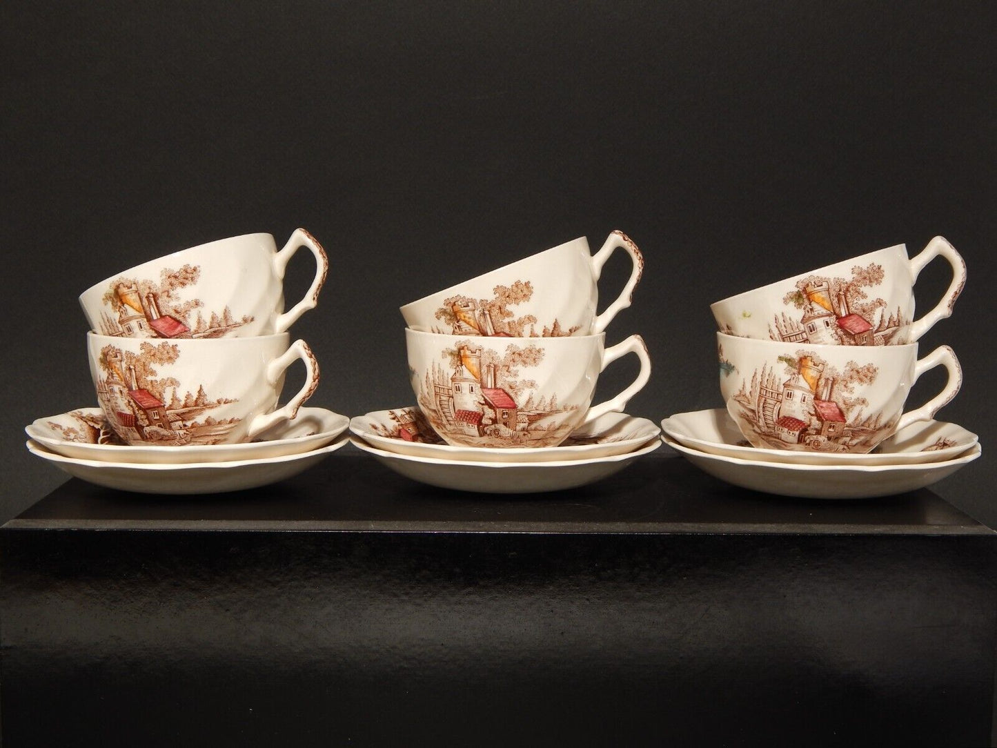 VINTAGE SET 6 TAZZE DA TE' SEMI PORCELLANA JOHNSON BROS THE OLD MILL STAMPA MANO