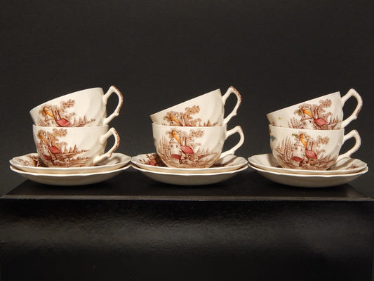 VINTAGE SET 6 TAZZE DA TE' SEMI PORCELLANA JOHNSON BROS THE OLD MILL STAMPA MANO