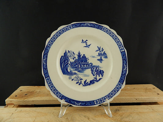 ANTICO PIATTO TORTA CERAMICA INGLESE BY MYOTT & SONS PAGODA CM 23 BIANCO BLU