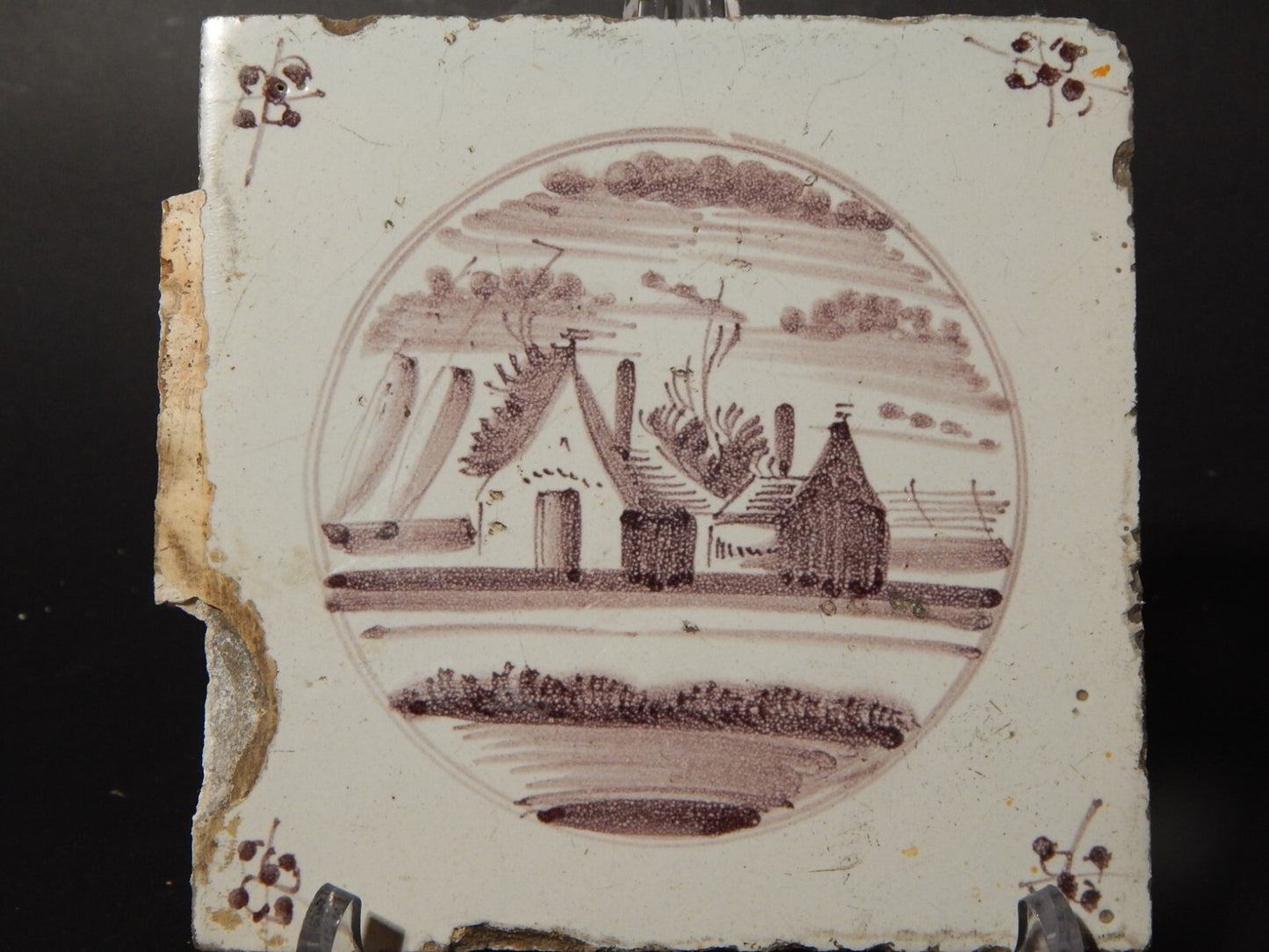 ANTICA PIASTRELLA MATTONELLA CERAMICA DELFT DEL 1700 DECORO AL MANGANESE (481)