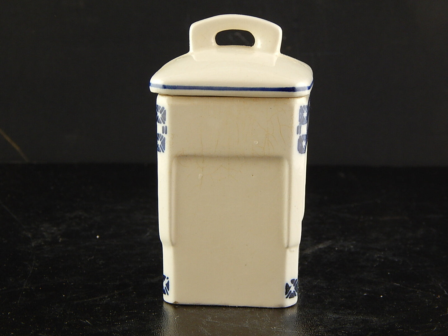 ANTICO BARATTOLO SPEZIE CERAMICA CARDAMOMO CUCINA ART DECO PRIMO 900 BIANCO BLU