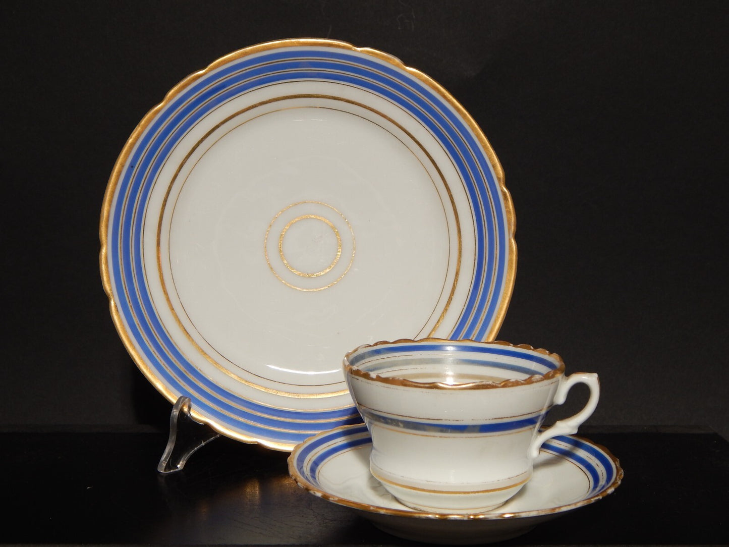 ANTICO TRIO TAZZA TE' 2 PIATTI IMPERO PORCELLANA PARIGI DECORO BLU ORO PRIMO 800