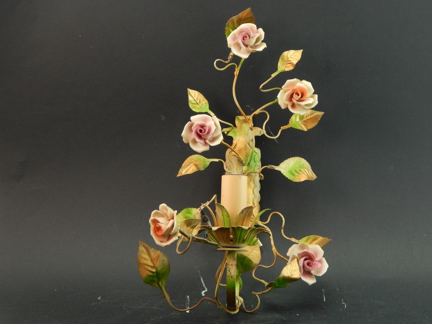 APPLIQUE 1 FUOCO ANTICA LIBERTY FERRO BATTUTO E ROSE CERAMICA POLICROME #1730