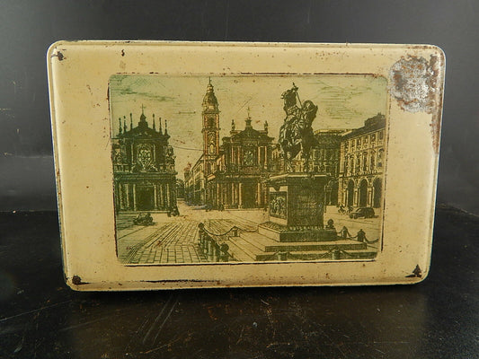 PUBBLICITARIO RETRO SCATOLA LATTA BISCOTTI PAVESI NOVARA PIAZZA SAN CARLO TORINO