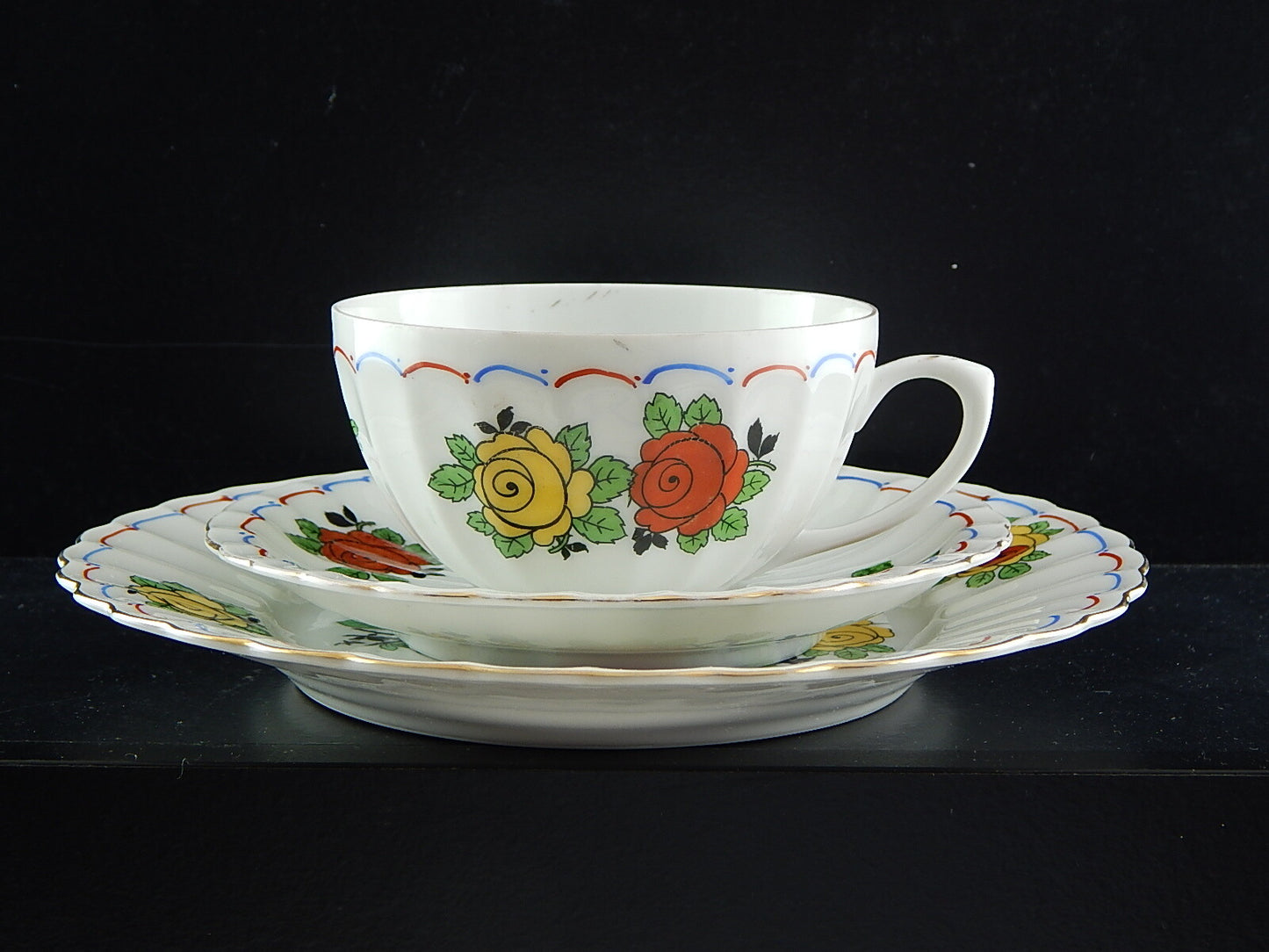 ANTICO SET TRIO TAZZA TÈ 2 PIATTI PORCELLANA WÜRTTEMBERG BAUER & PFEIFFER