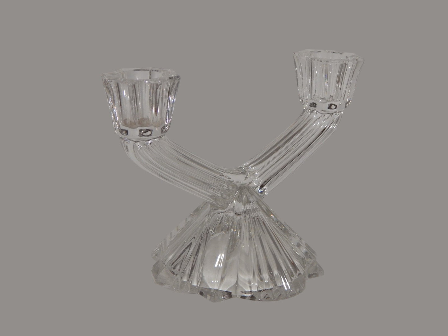 ANTICO ART DECO' PREZIOSO PORTA CANDELA CANDELIERE CRISTALLO MOLATO A 2 BRACCI