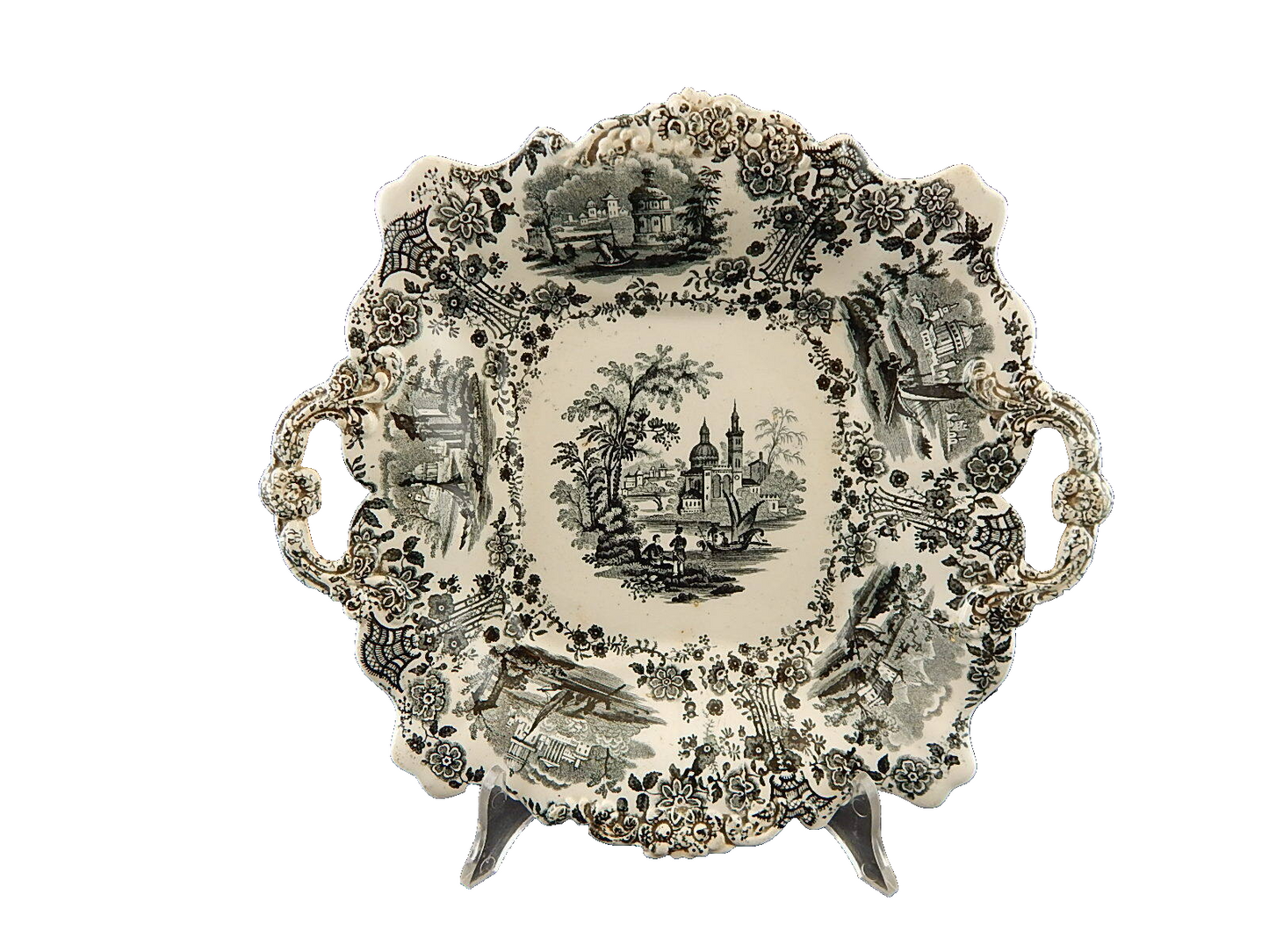 WILLIAM RIDGWAY MAR DI MARMARA 1830 ANTICO PREZIOSO VASSOIO CERAMICA CON MANICI