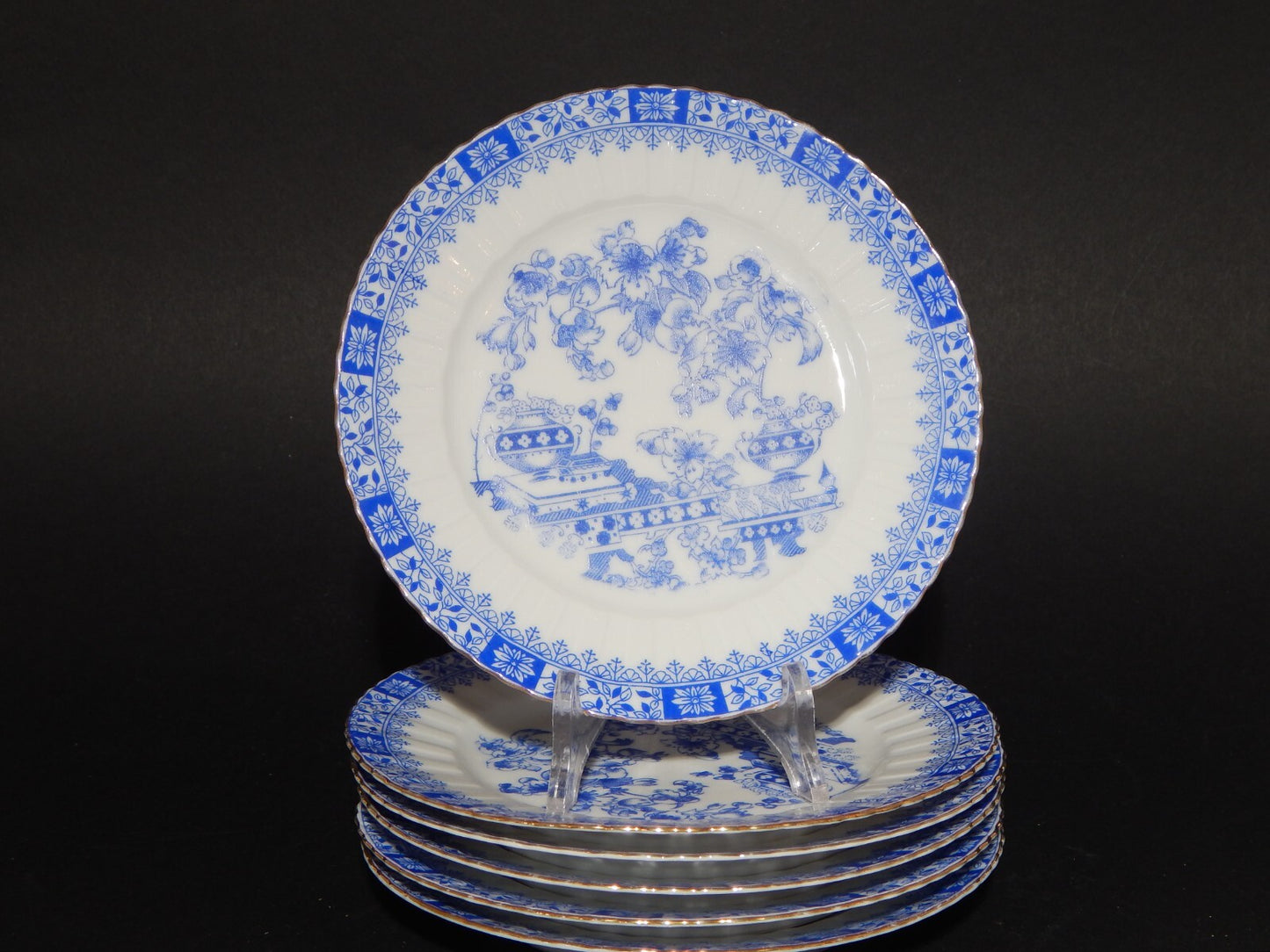 ANTICO SERVIZIO DESSERT O TORTA 6 PIATTI PORCELLANA BAVARIA DECORO BLAU CHINA