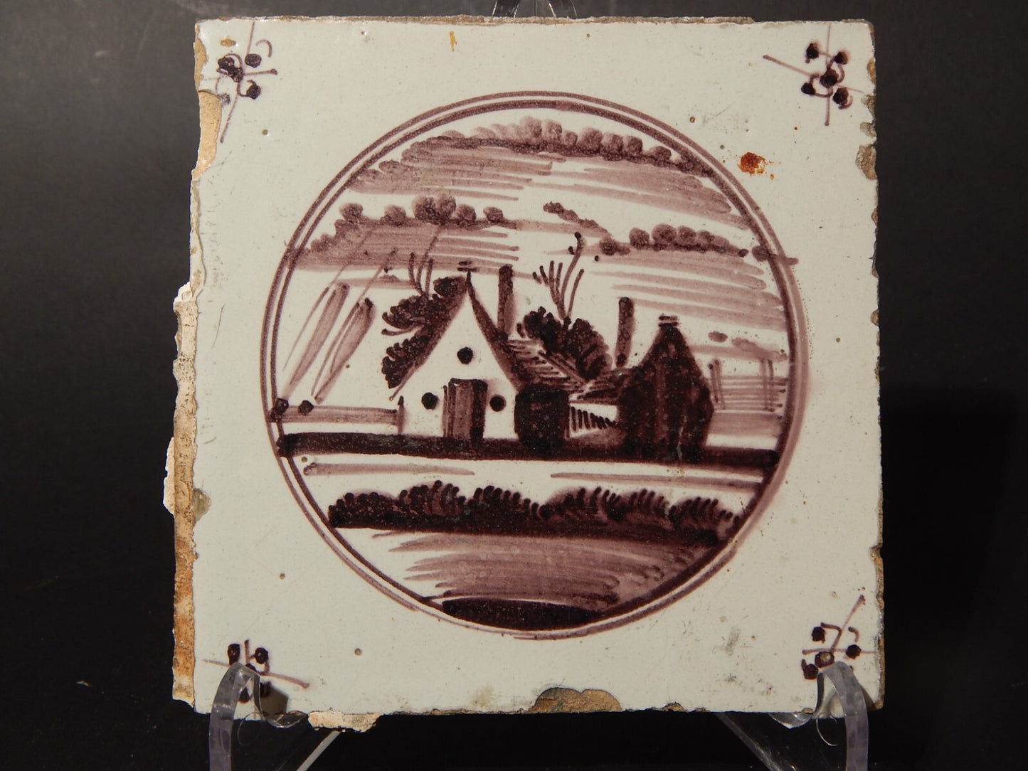 ANTICA PIASTRELLA MATTONELLA CERAMICA DELFT DEL 1700 DECORO AL MANGANESE (484)