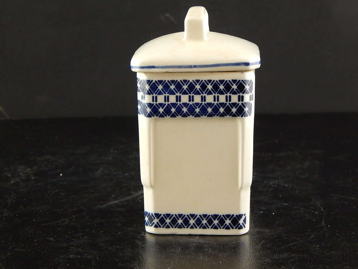 ANTICO BARATTOLO SPEZIE CERAMICA CARDAMOMO CUCINA ART DECO PRIMO 900 BIANCO BLU