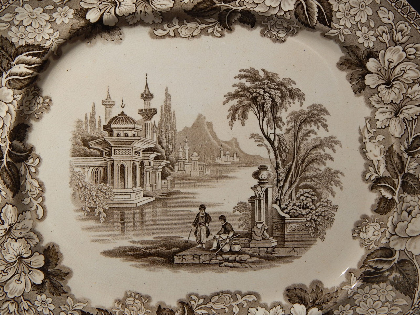 ANTICO VASSOIO CERAMICA POTTERY J. MARSHALL & CO BOSPHORUS STAMPA A MANO MARRONE