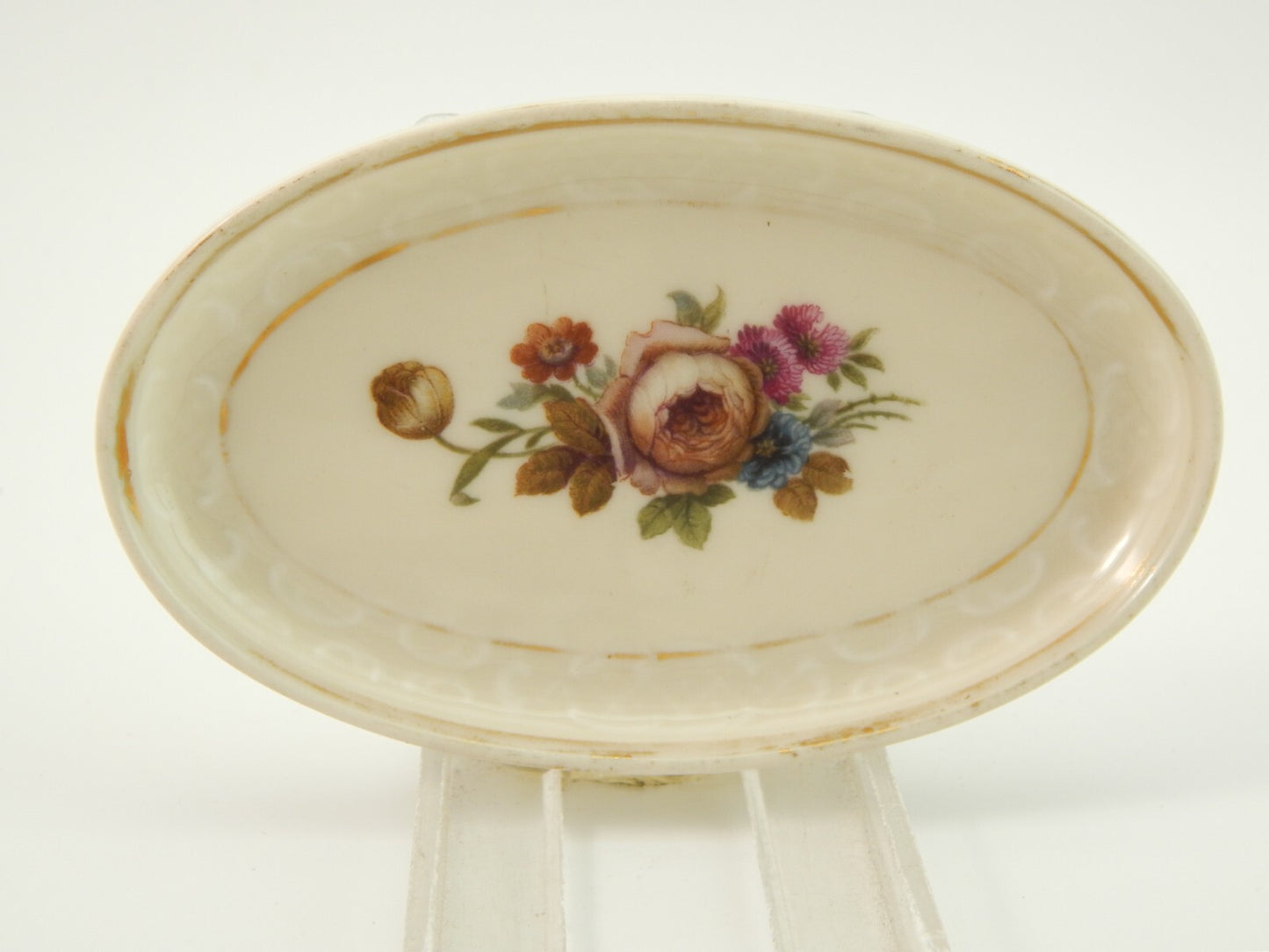 ANTICO PIATTINO OVALE KPM COPENHAGEN PORCELLANA BOUQUET DI FIORI E ORO DEL 1924