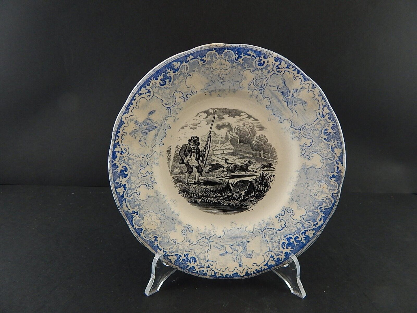 ANTICO PIATTO UMORISTICO CERAMICA FRANCESE SECONDA META' 800 IL CACCIATORE