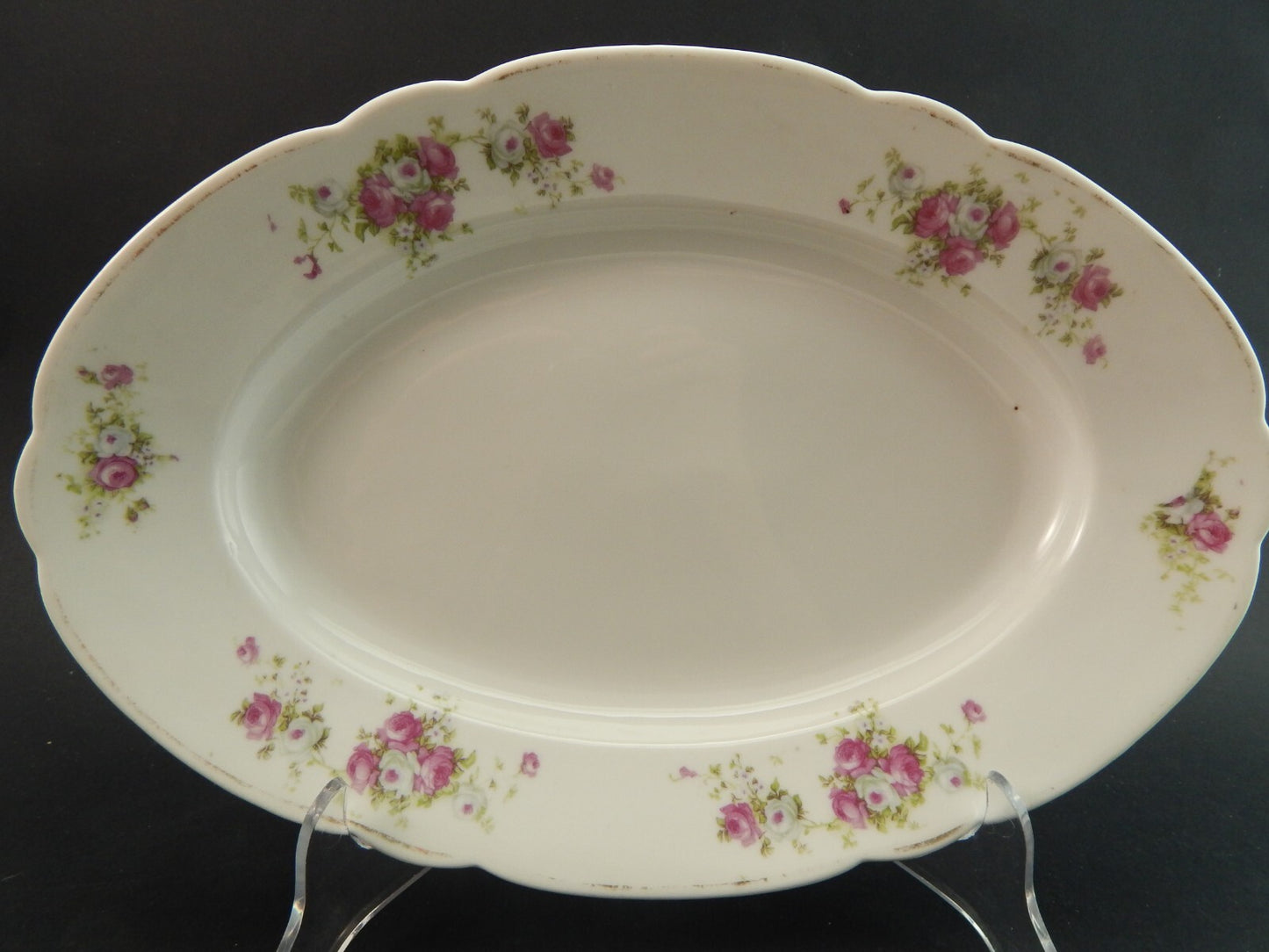 ANTICO LIMOGES VASSOIO OVALE FONDO PORCELLANA FINE 800 BOUQUET DI ROSE