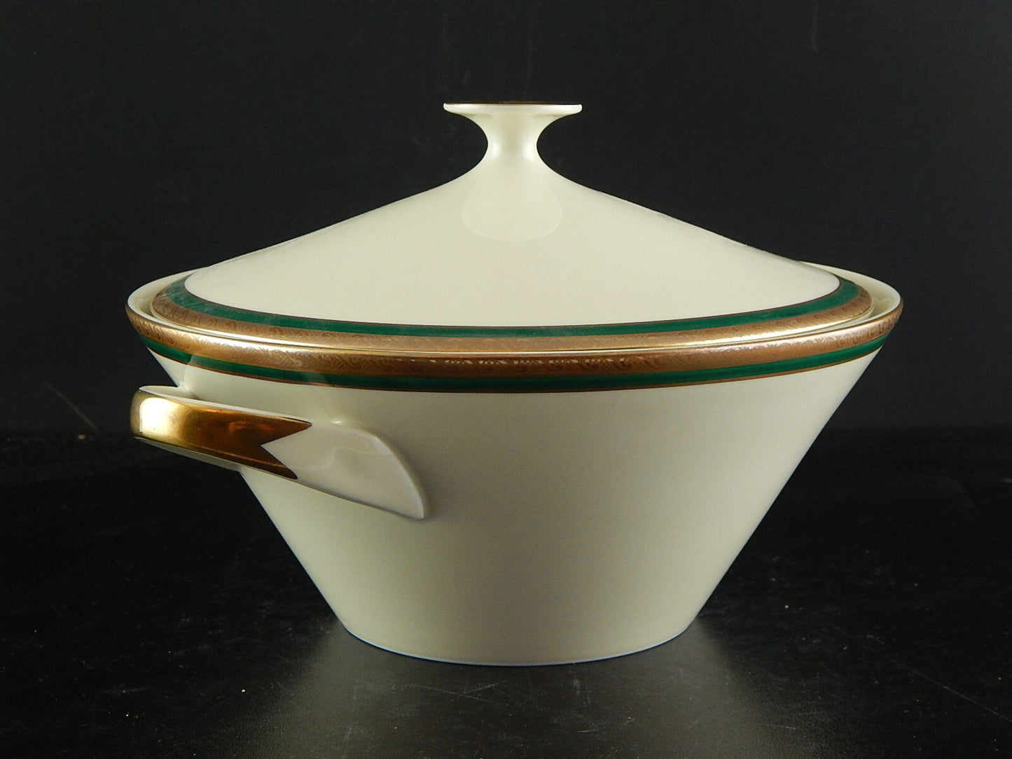 RETRO ELEGANTE PICCOLA ZUPPIERA IMPERO PORCELLANA BAVARIA AVORIO SMERALDO ORO