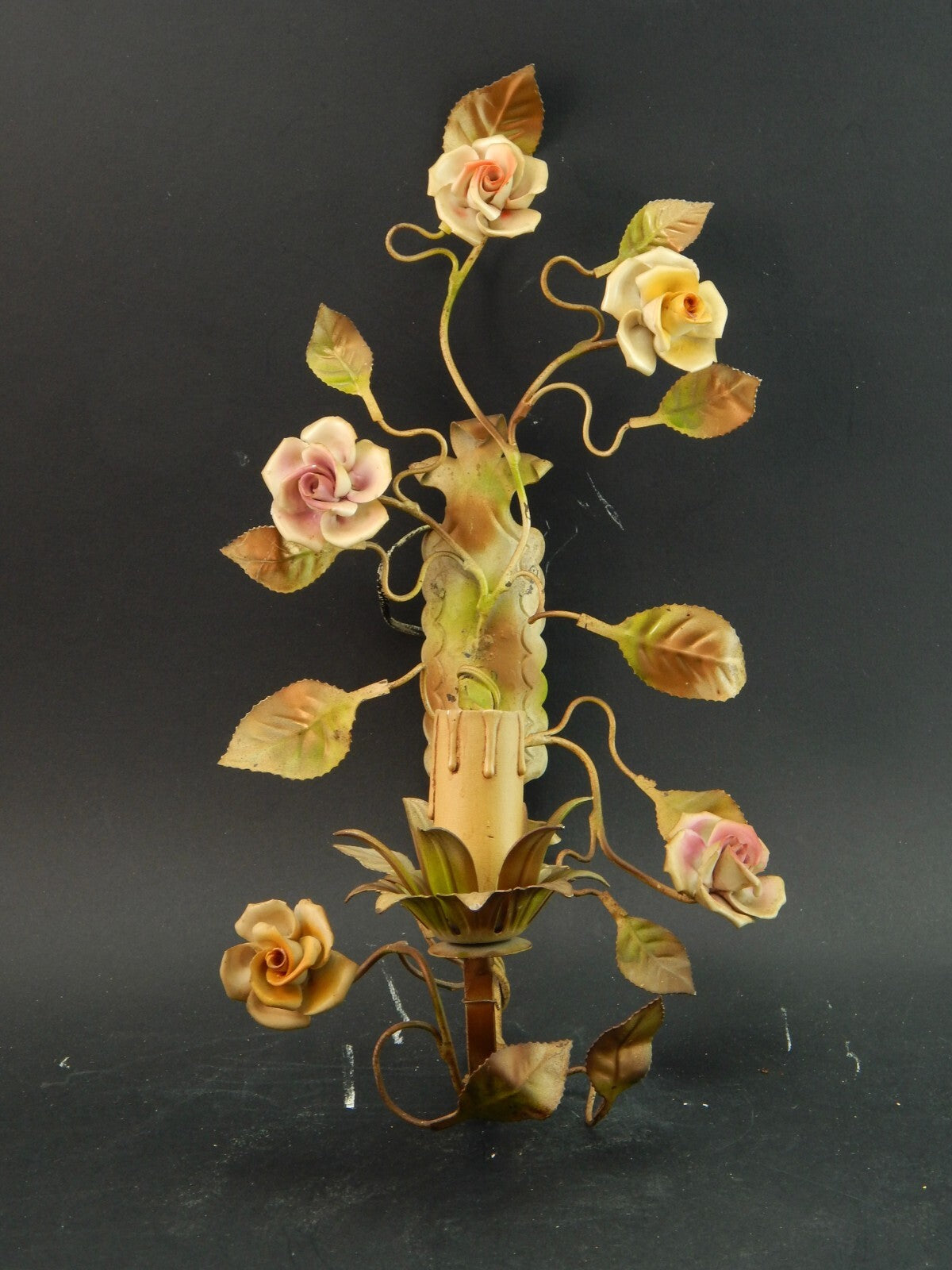 APPLIQUE 1 FUOCO ANTICA LIBERTY FERRO BATTUTO E ROSE CERAMICA POLICROME #1731