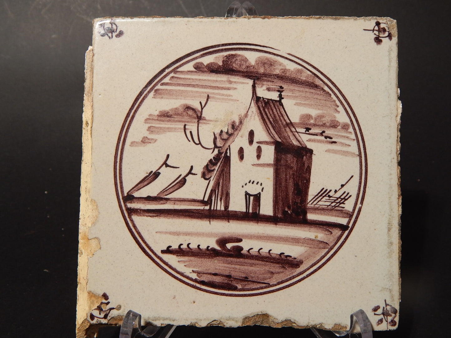 ANTICA PIASTRELLA MATTONELLA CERAMICA DELFT DEL 1700 DECORO AL MANGANESE (477)