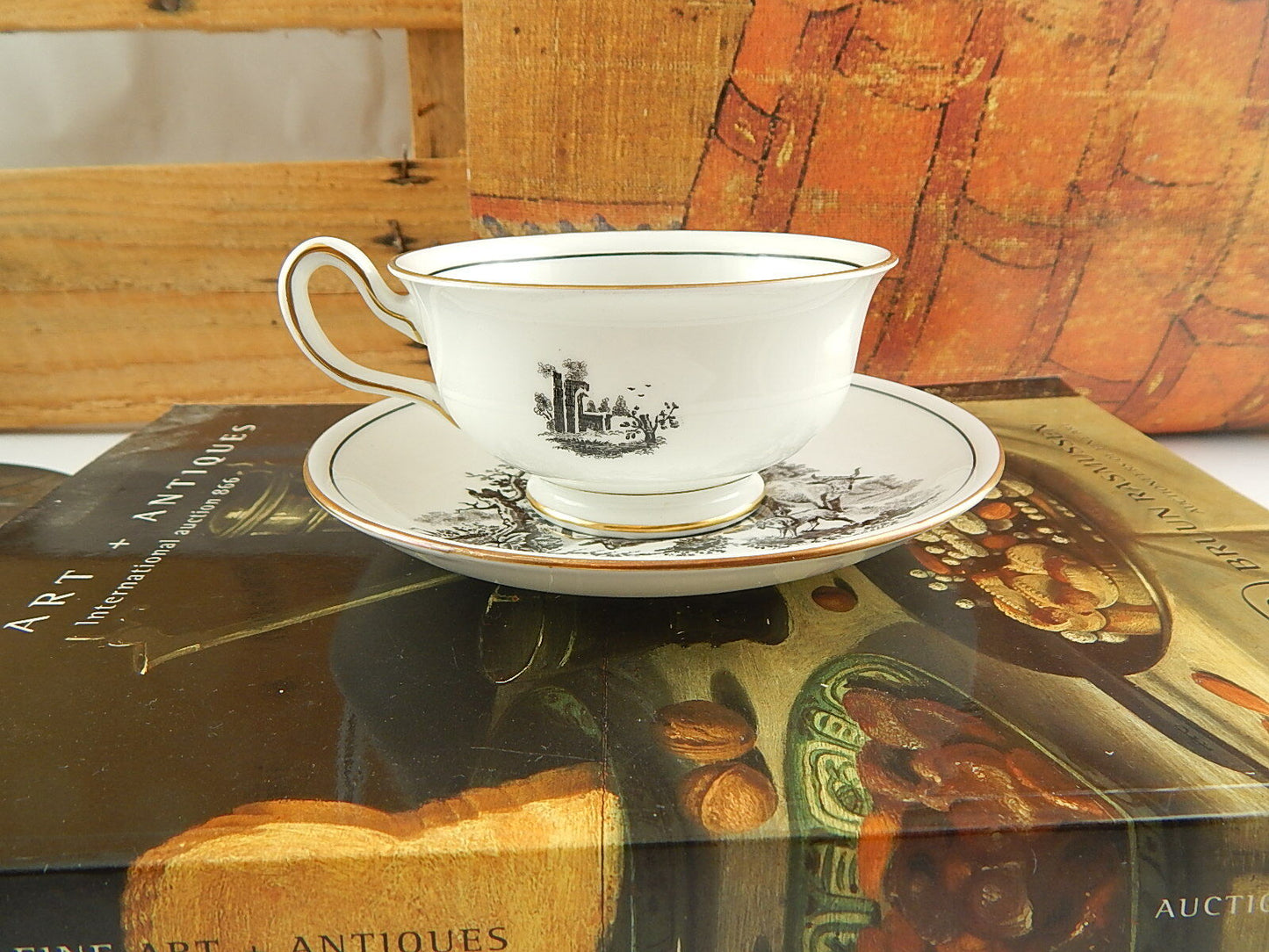 ANTICO RARO SET TAZZA TÈ PORCELLANA INGLESE ROYAL CHELSEA H. FENNELL PASTORALE