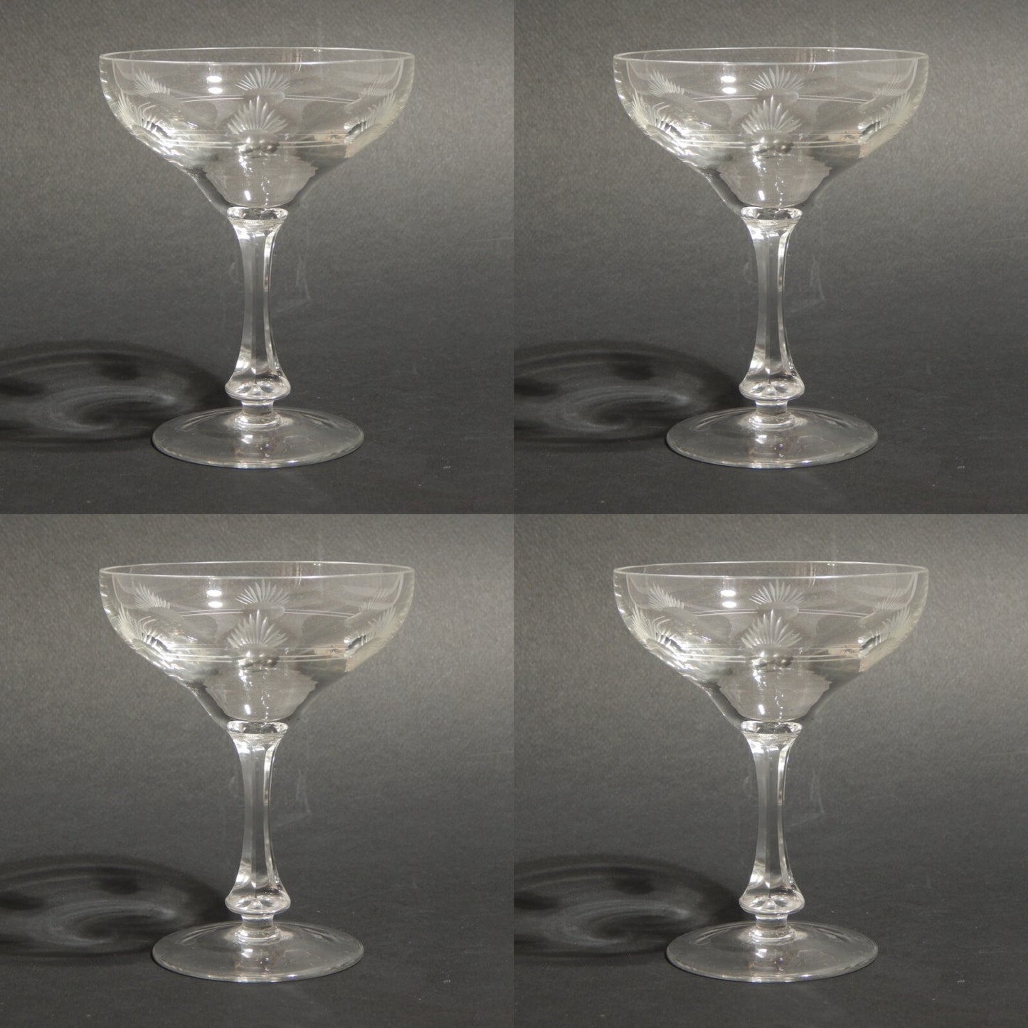 ANTICO ART DECO SET 4 CALICI COPPE CHAMPAGNE IN CRISTALLO BOEMIA INCISI E MOLATI