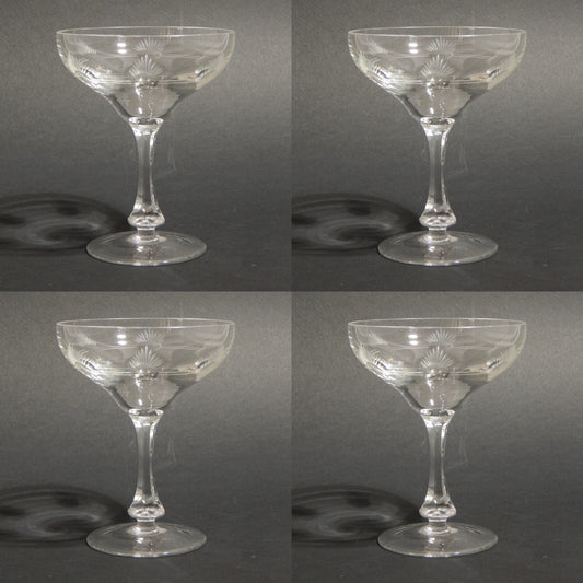 ANTICO ART DECO SET 4 CALICI COPPE CHAMPAGNE IN CRISTALLO BOEMIA INCISI E MOLATI