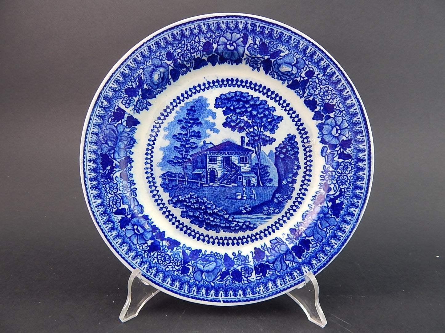 ANTICO PIATTO CERAMICA META' 1800 GUSTAVSBERG STAMPA A MANO BIANCO BLU