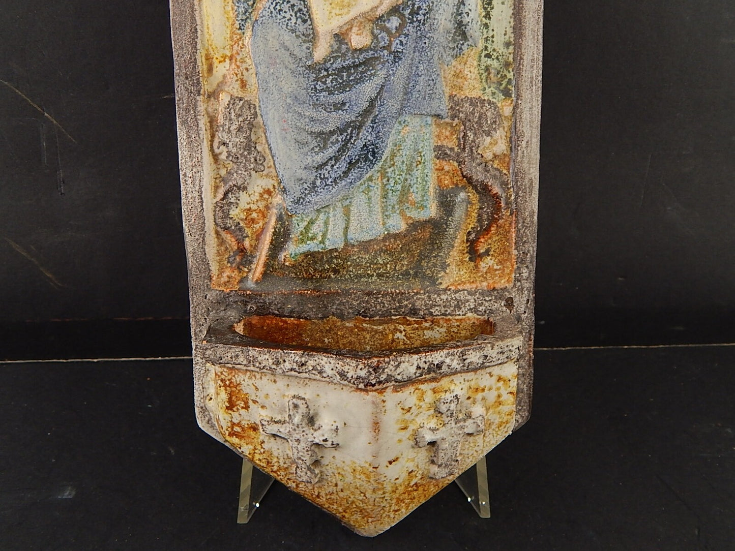 ARTE SACRA VINTAGE PREZIOSA ACQUASANTIERA CERAMICA MAIOLICA STUDIO POGGI FAENZA