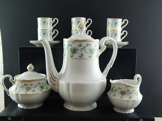 VINTAGE SERVIZIO CAFFÈ PORCELLANA BIANCA DECORO VERDE E ORO LIMOGES HAVILAND