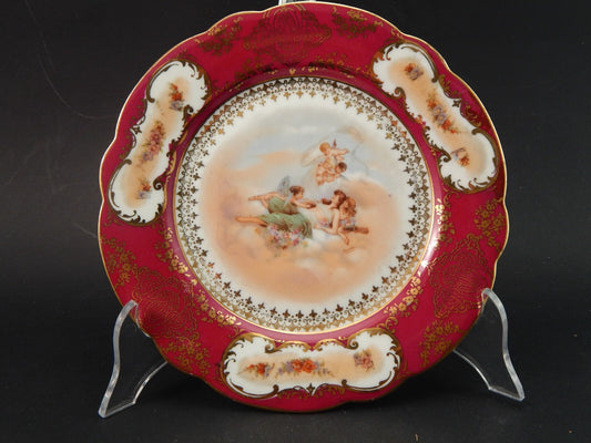 ANTICO PREZIOSO PIATTO DECORATIVO ROMANTICO PORCELLANA VIENNA ROSSO E ORO #1891