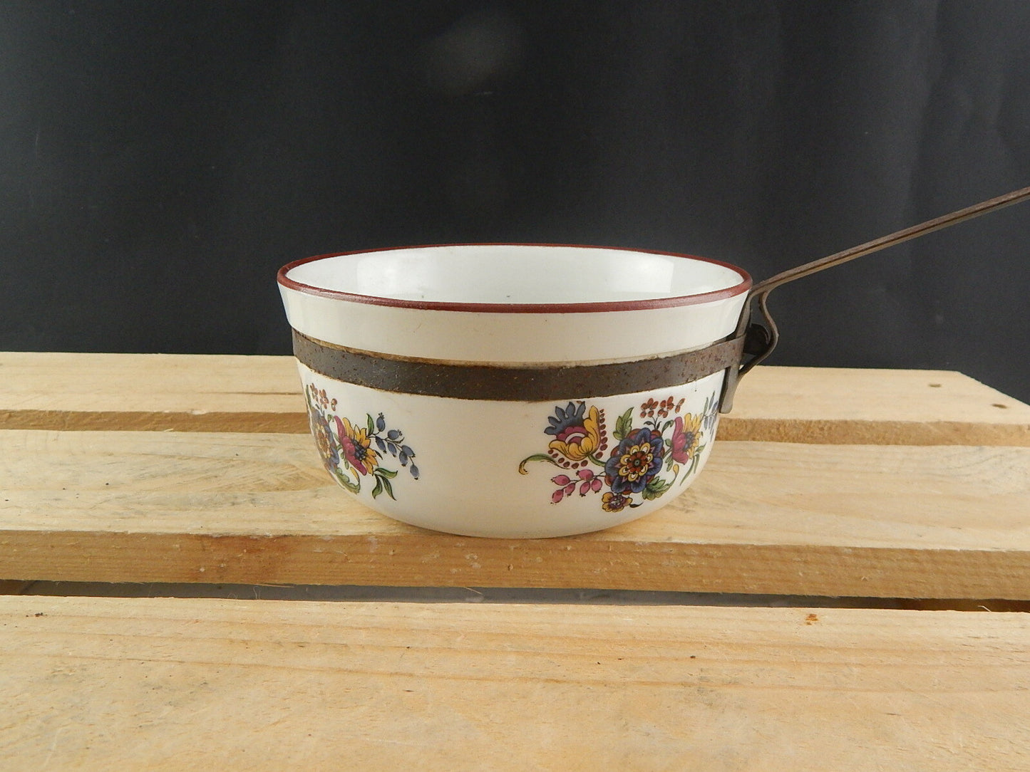 ANTICO RARISSIMO TEGAME PENTOLINO CERAMICA SMALTATA DECORO FLOREALE COLLEZIONE