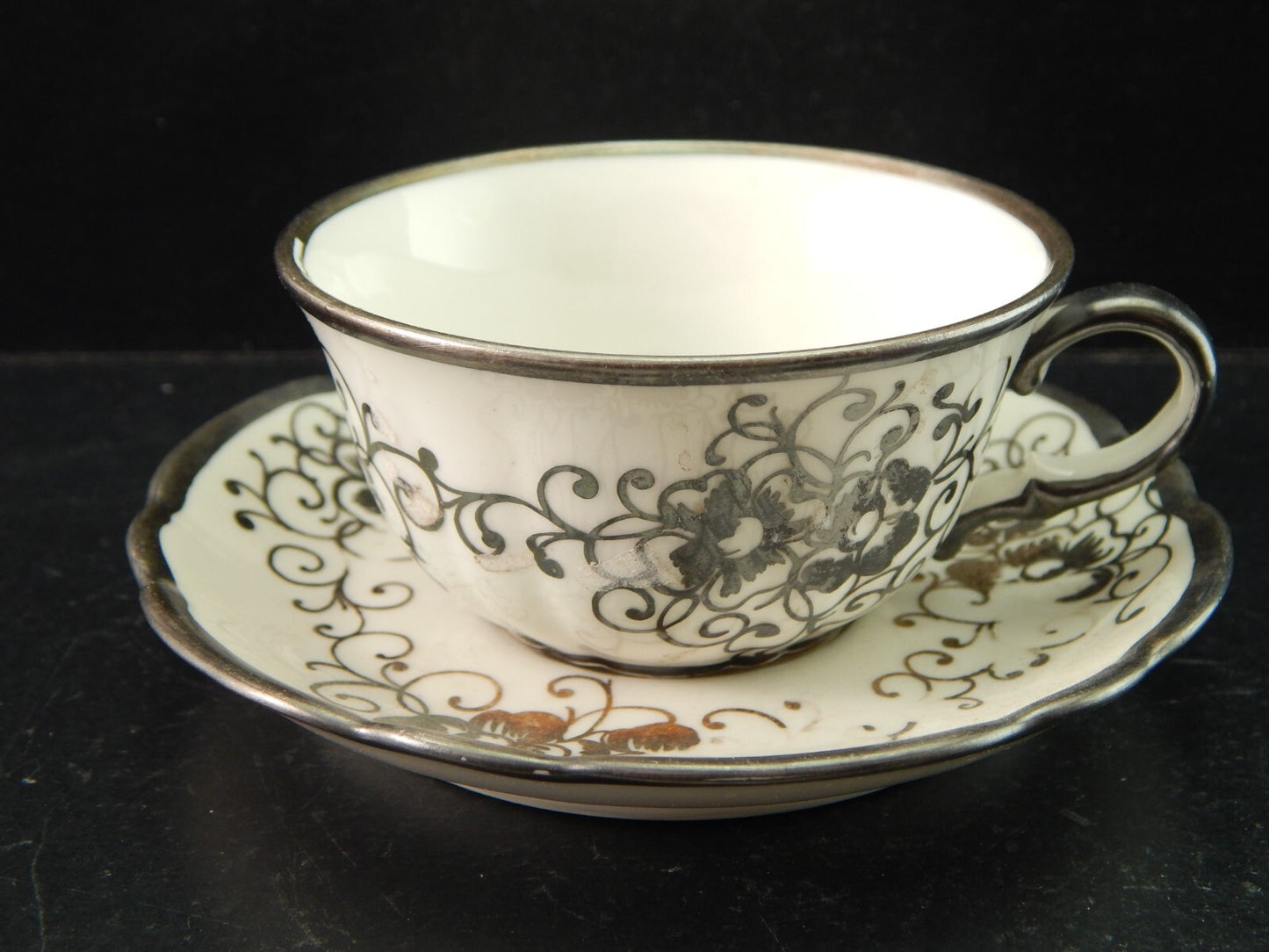 ANTICA TAZZINA CAFFE' PORCELLANA VERBANO LAVENO ART DECO DECORO ARGENTO