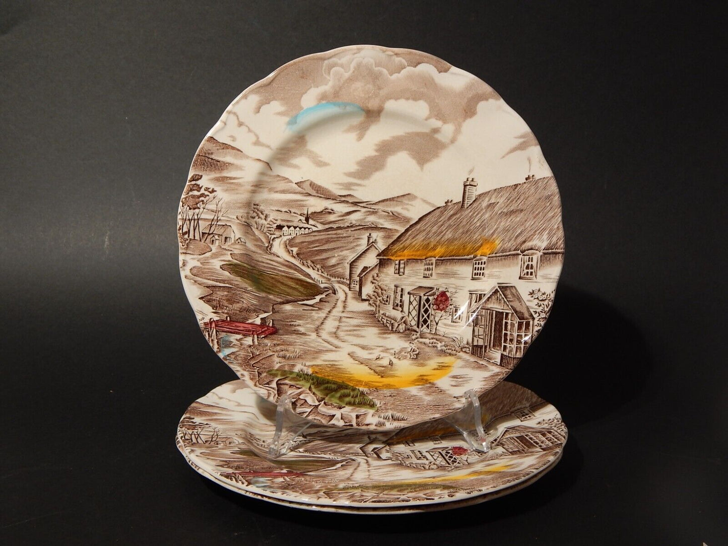 VINTAGE SET 3 PIATTI CM 22,5 CERAMICA W. H. GRINDLEY STAMPA MANO QUIET DAY