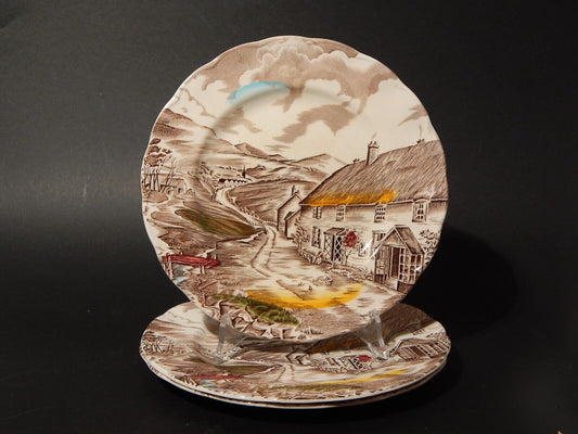 VINTAGE SET 3 PIATTI CM 22,5 CERAMICA W. H. GRINDLEY STAMPA MANO QUIET DAY