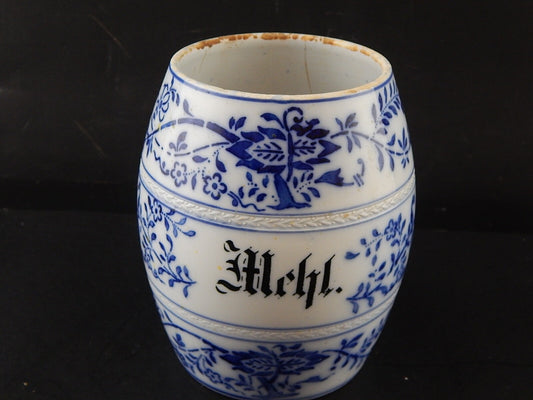 ANTICO RARO BARATTOLO CUCINA MEHL FARINA CERAMICA DECORO MEISSEN BIANCO BLU