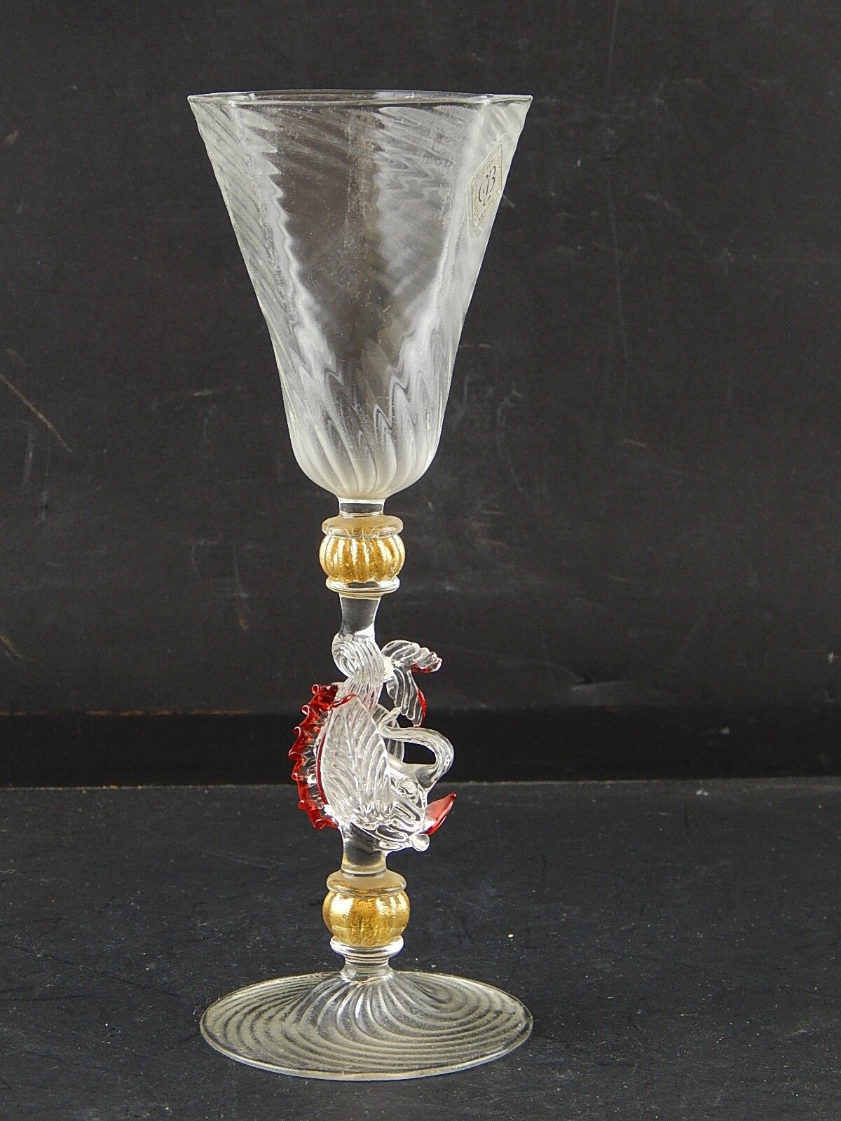 TIPETTO CALICE MURANO VETRO SOFFIATO RIGATO PESCE FIRMATO CORTELLA & BALLARIN #