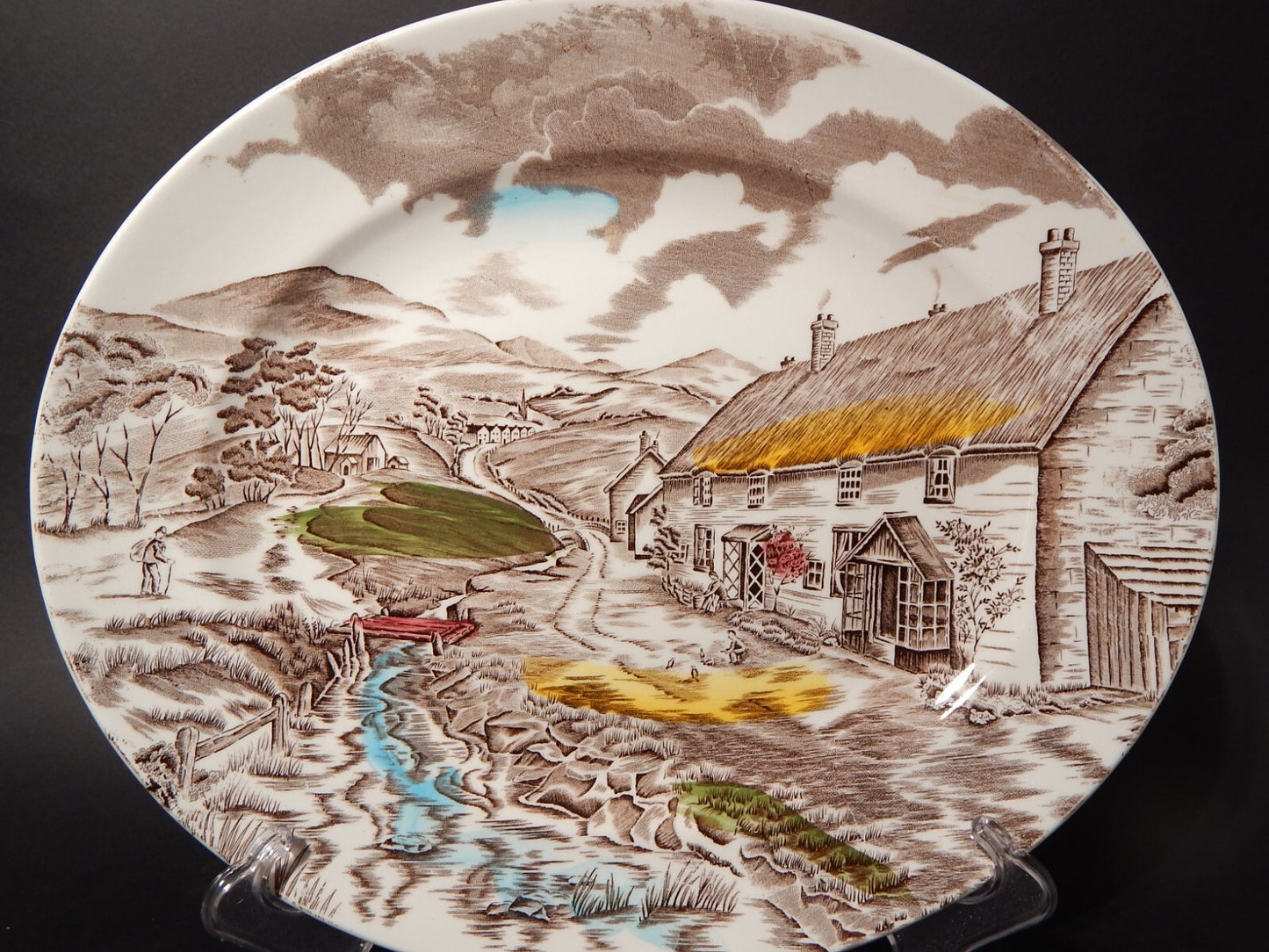 VINTAGE RARO VASSOIO PIATTO OVALE CERAMICA W. H. GRINDLEY STAMPA MANO QUIET DAY