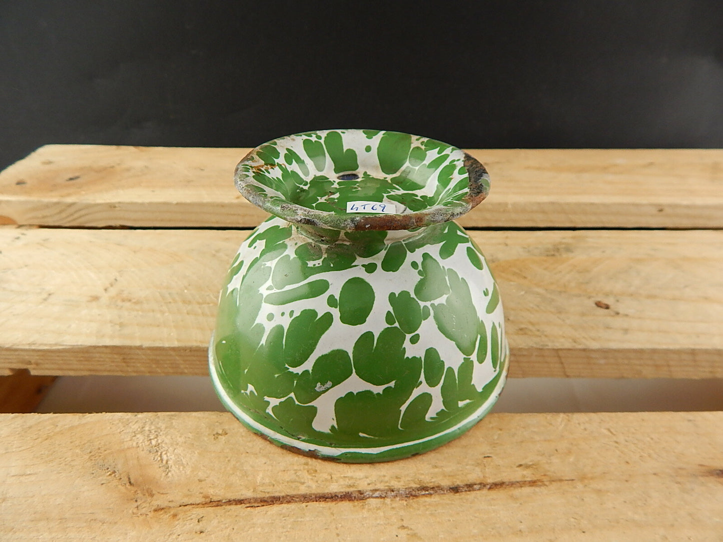 ANTICA SCODELLA CIOTOLA LATTA METALLO SMALTATA CAMOUFLAGE VERDE COUNTRY CHIC #