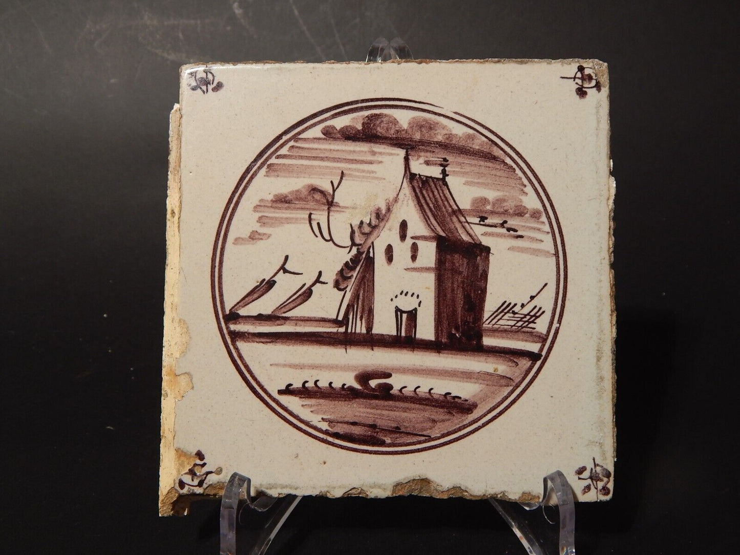 ANTICA PIASTRELLA MATTONELLA CERAMICA DELFT DEL 1700 DECORO AL MANGANESE (477)