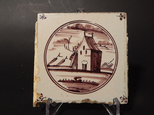 ANTICA PIASTRELLA MATTONELLA CERAMICA DELFT DEL 1700 DECORO AL MANGANESE (477)