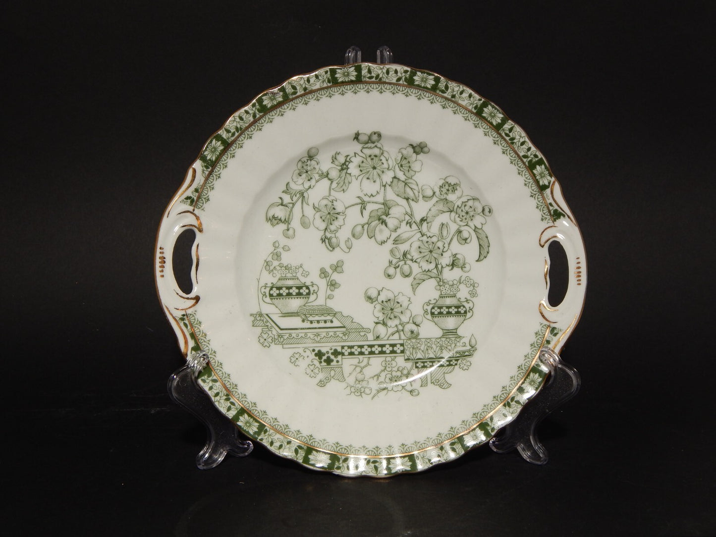 ANTICO VASSOIO CON MANICI PORCELLANA OSCAR SCHALLER DECORO GRUN CHINA VERDE