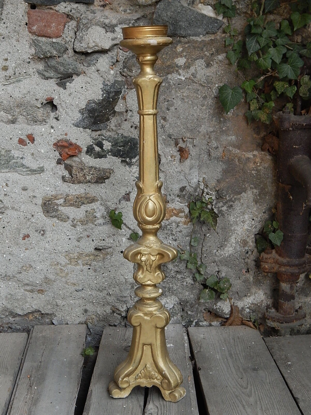 ANTICO ARTE SACRA CANDELABRO CANDELIERE TORCIERA LEGNO SCOLPITO DORATO XIX SEC