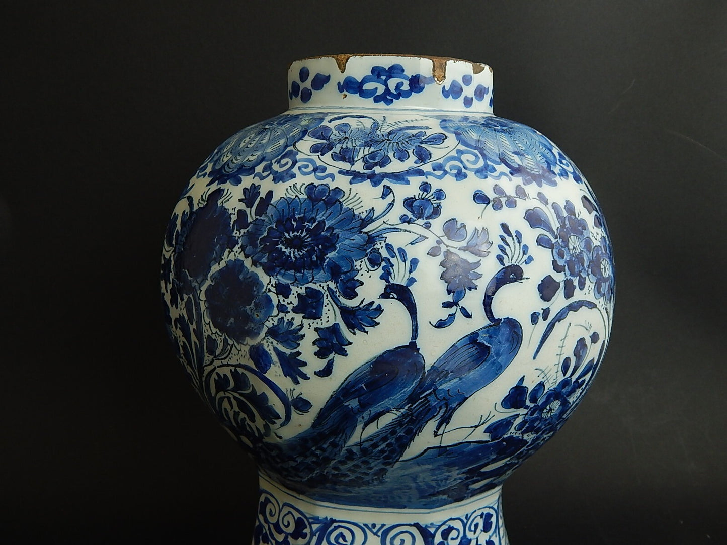 ANTICO PREZIOSO GRANDE VASO OTTAGONALE CERAMICA DELFT FINE XVII SECOLO I PAVONI