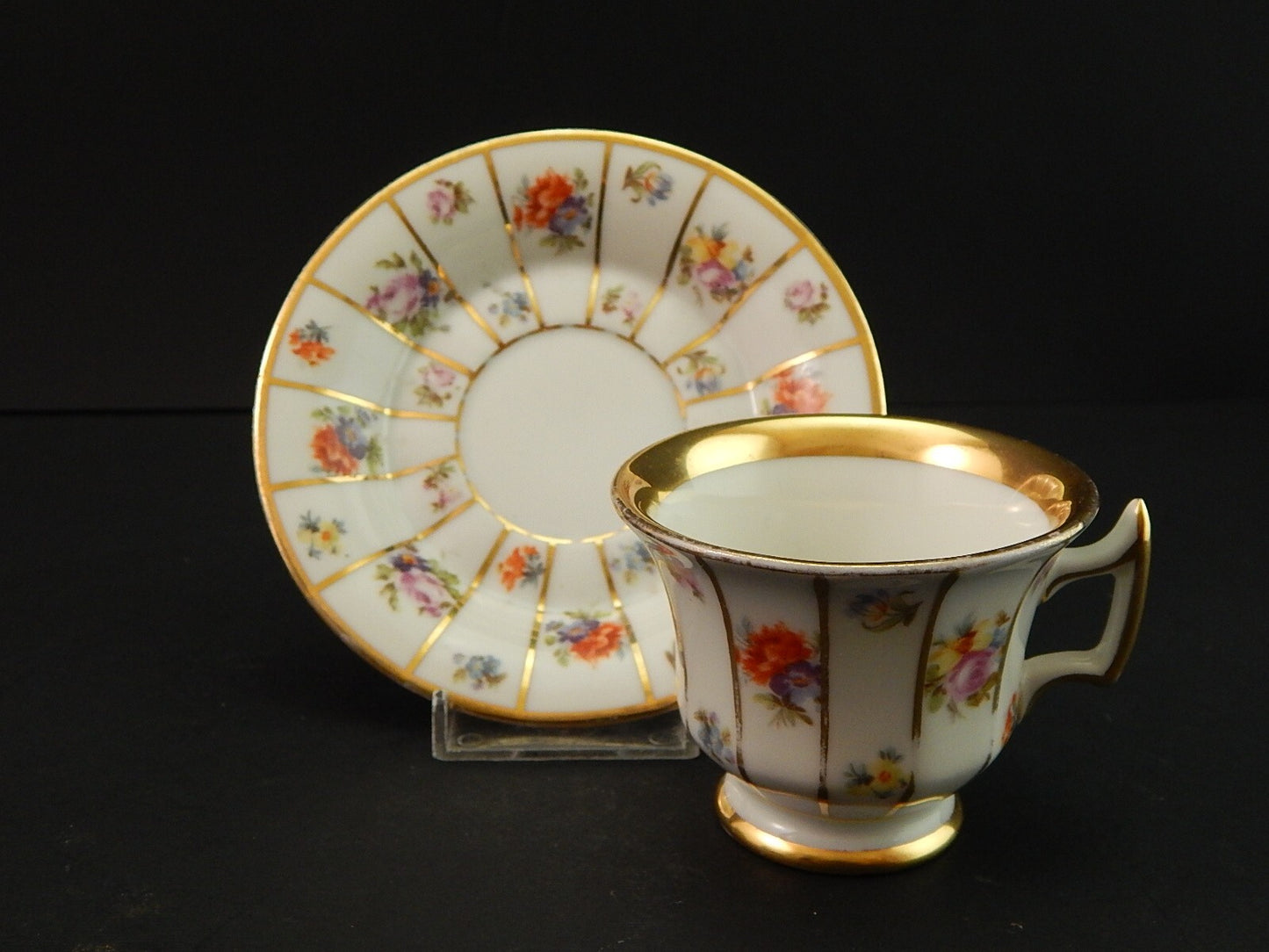 ANTICA PREZIOSA EPIAG TAZZA PORCELLANA BIANCA FIORI POLICROMI E ORO STILE IMPERO