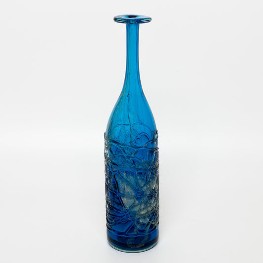 VINTAGE MODERNARIATO VASO BOTTIGLIA VETRO SOFFIATO MDINA MALTA BLUE SUMMER CM 32