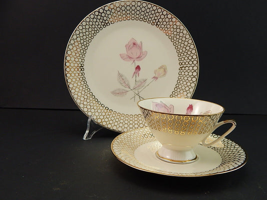 ANTICO TRIO TAZZA TÈ ART DECO PORCELLANA BAVARIA OSCAR SCHALLER DECORO CON ROSA